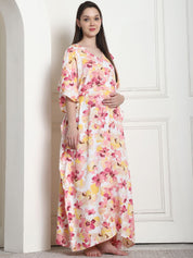Floral Print Peach Rayon Maternity Kaftan