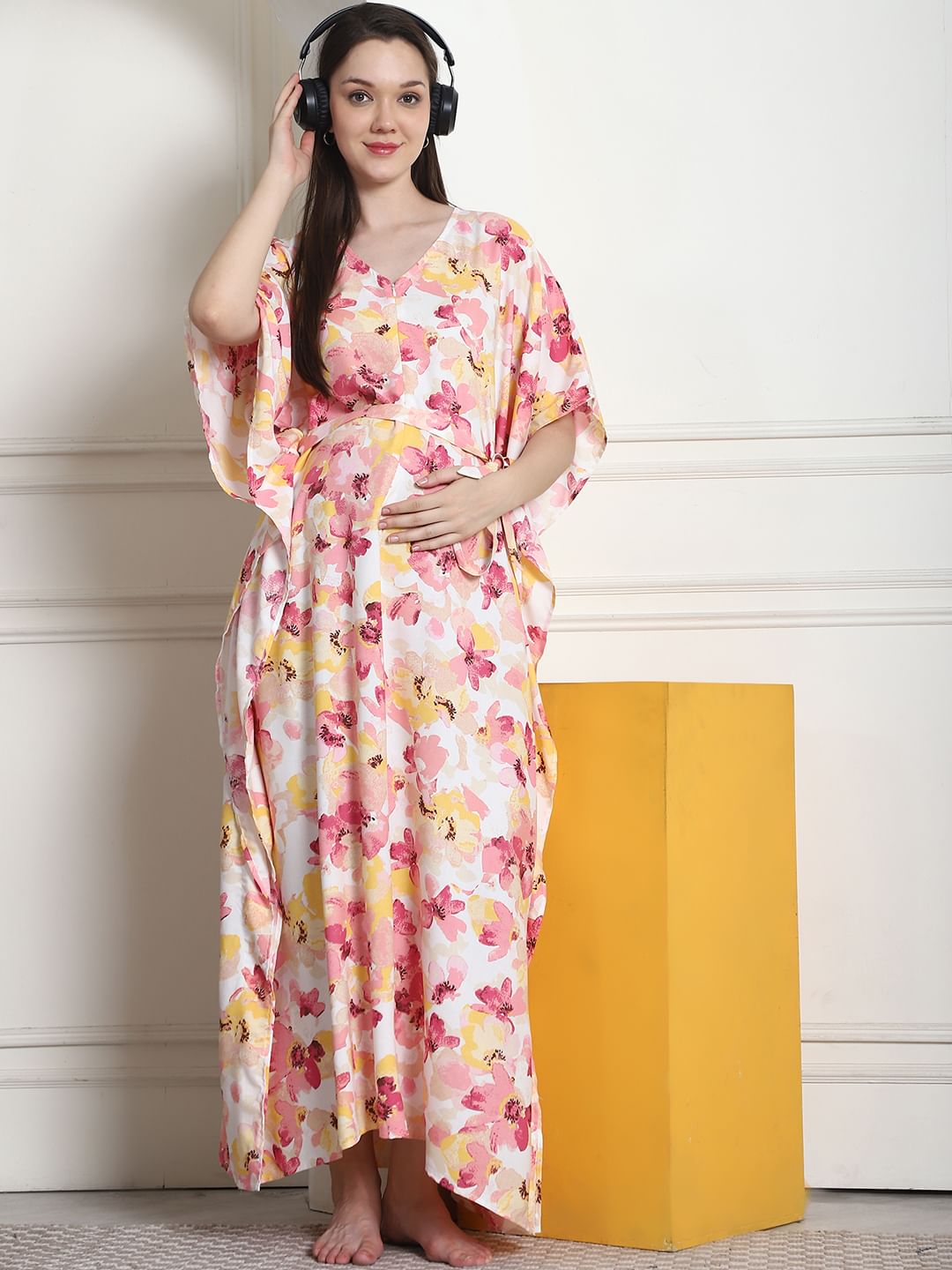 Floral Print Peach Rayon Maternity Kaftan