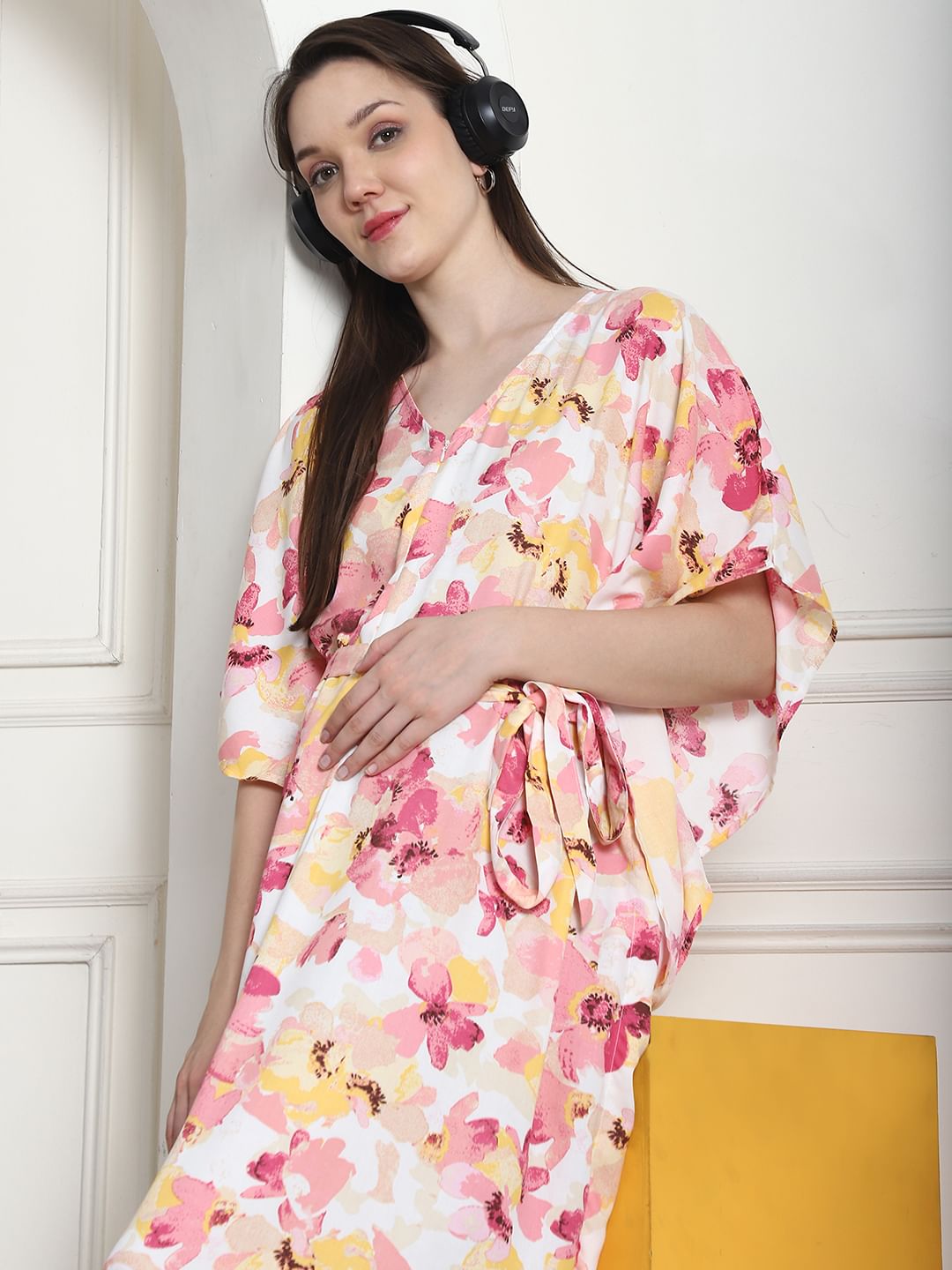 Floral Print Peach Rayon Maternity Kaftan