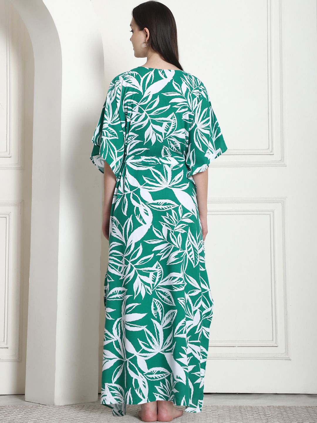 Floral Print Green Rayon Maternity Kaftan