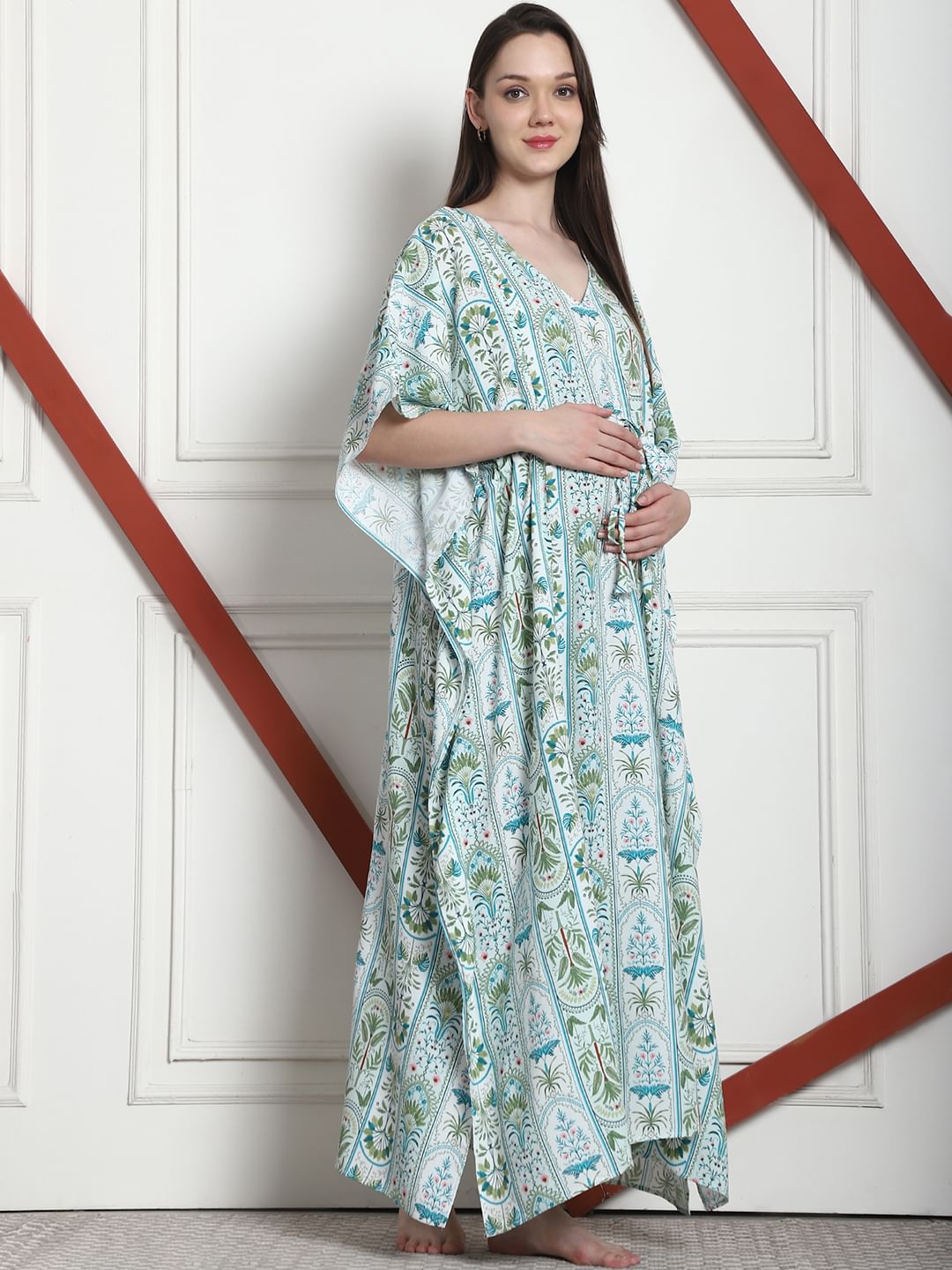 Printed Sea Green Rayon Maternity Kaftan