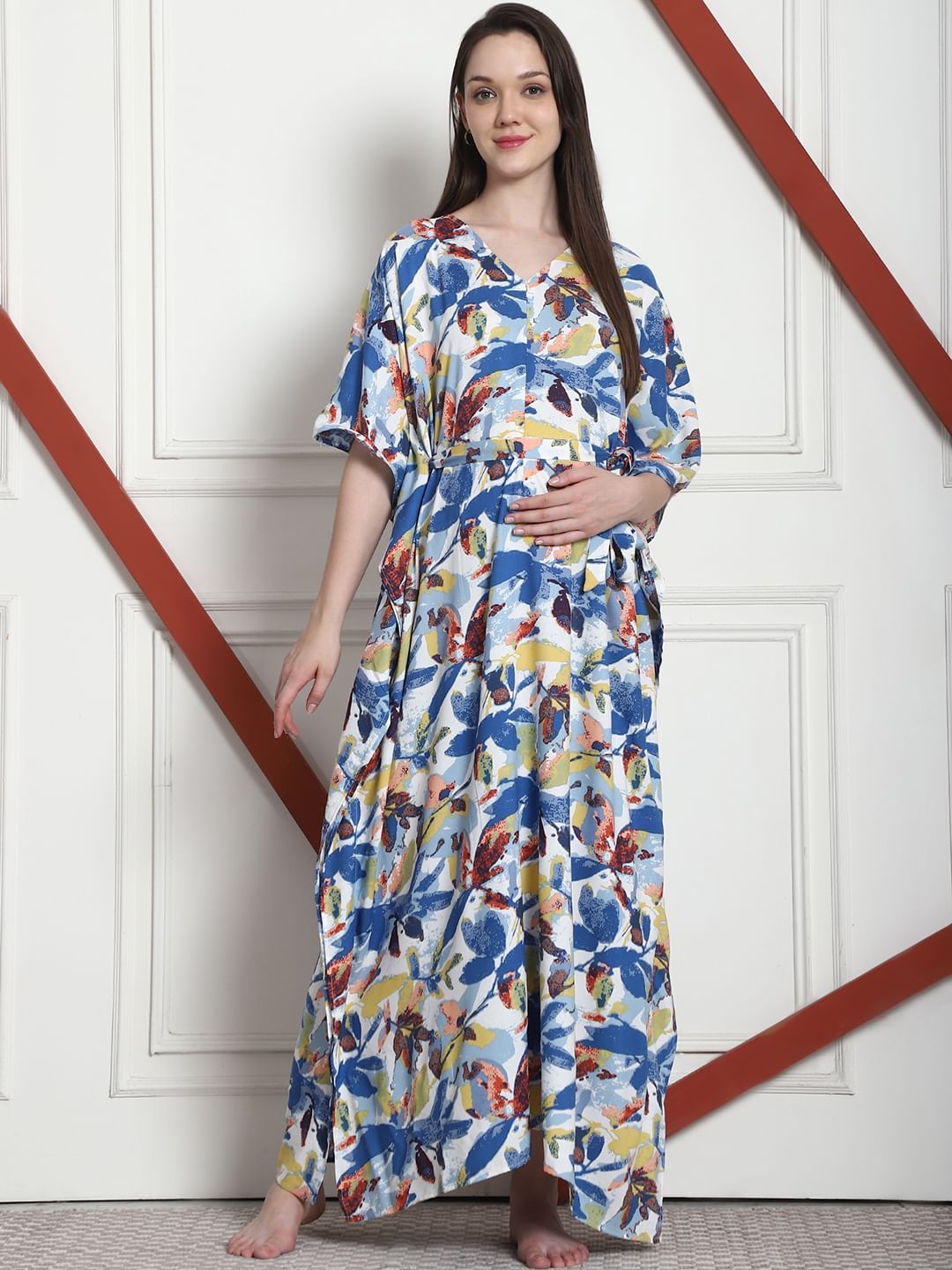 Floral Print Blue Rayon Maternity Kaftan