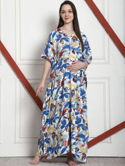 Floral Print Blue Rayon Maternity Kaftan