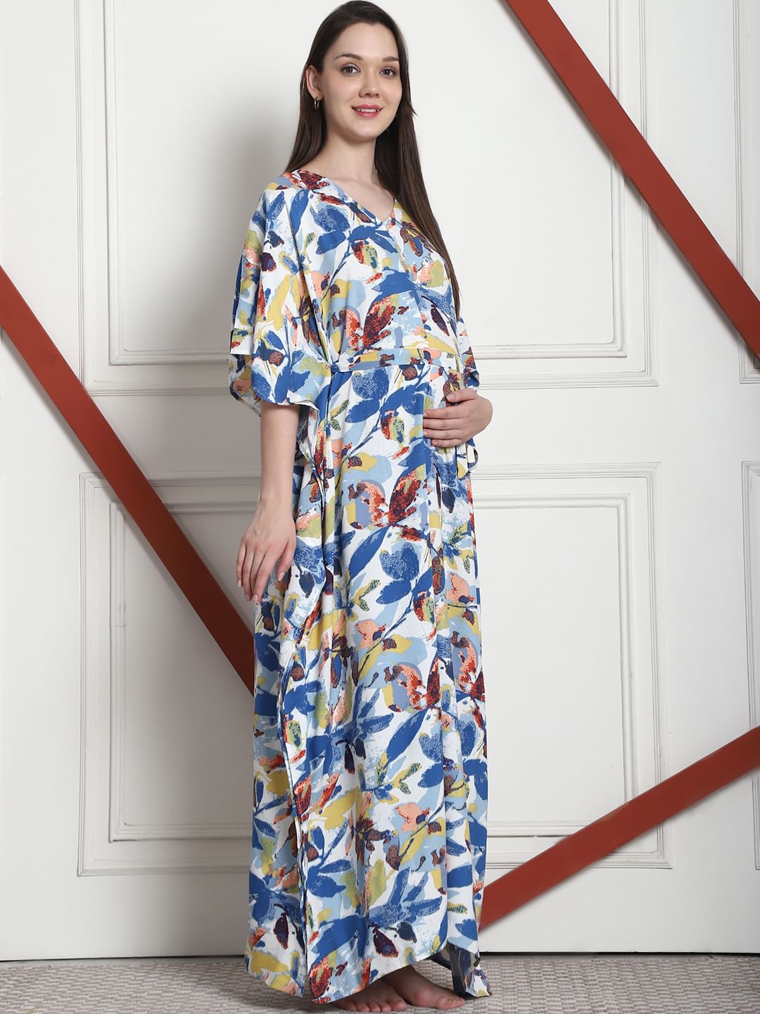 Floral Print Blue Rayon Maternity Kaftan