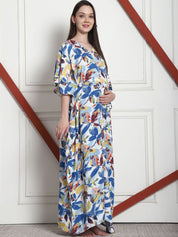 Floral Print Blue Rayon Maternity Kaftan