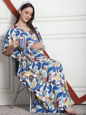 Floral Print Blue Rayon Maternity Kaftan