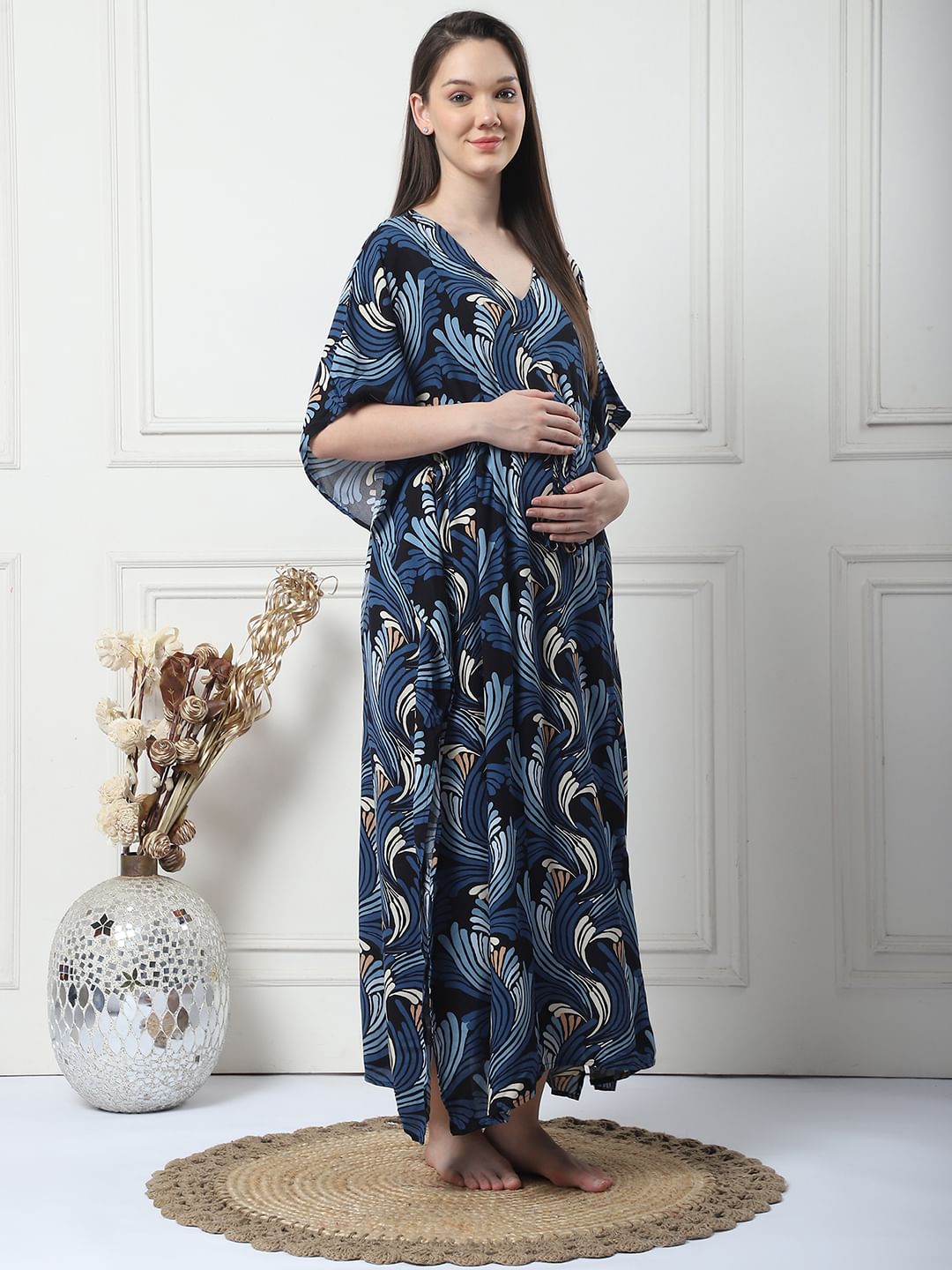 Printed Navy Blue Rayon Maternity Kaftan