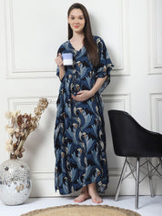 Printed Navy Blue Rayon Maternity Kaftan
