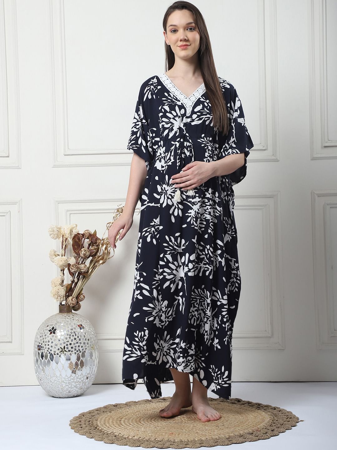 Floral Print Black Rayon Maternity Kaftan