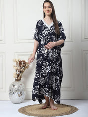 Floral Print Black Rayon Maternity Kaftan