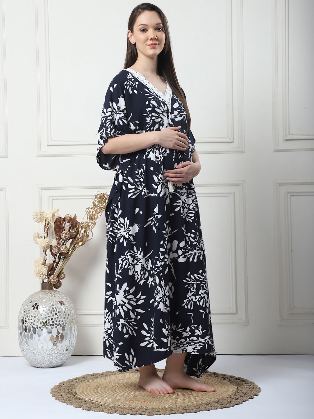Floral Print Black Rayon Maternity Kaftan