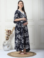 Floral Print Black Rayon Maternity Kaftan