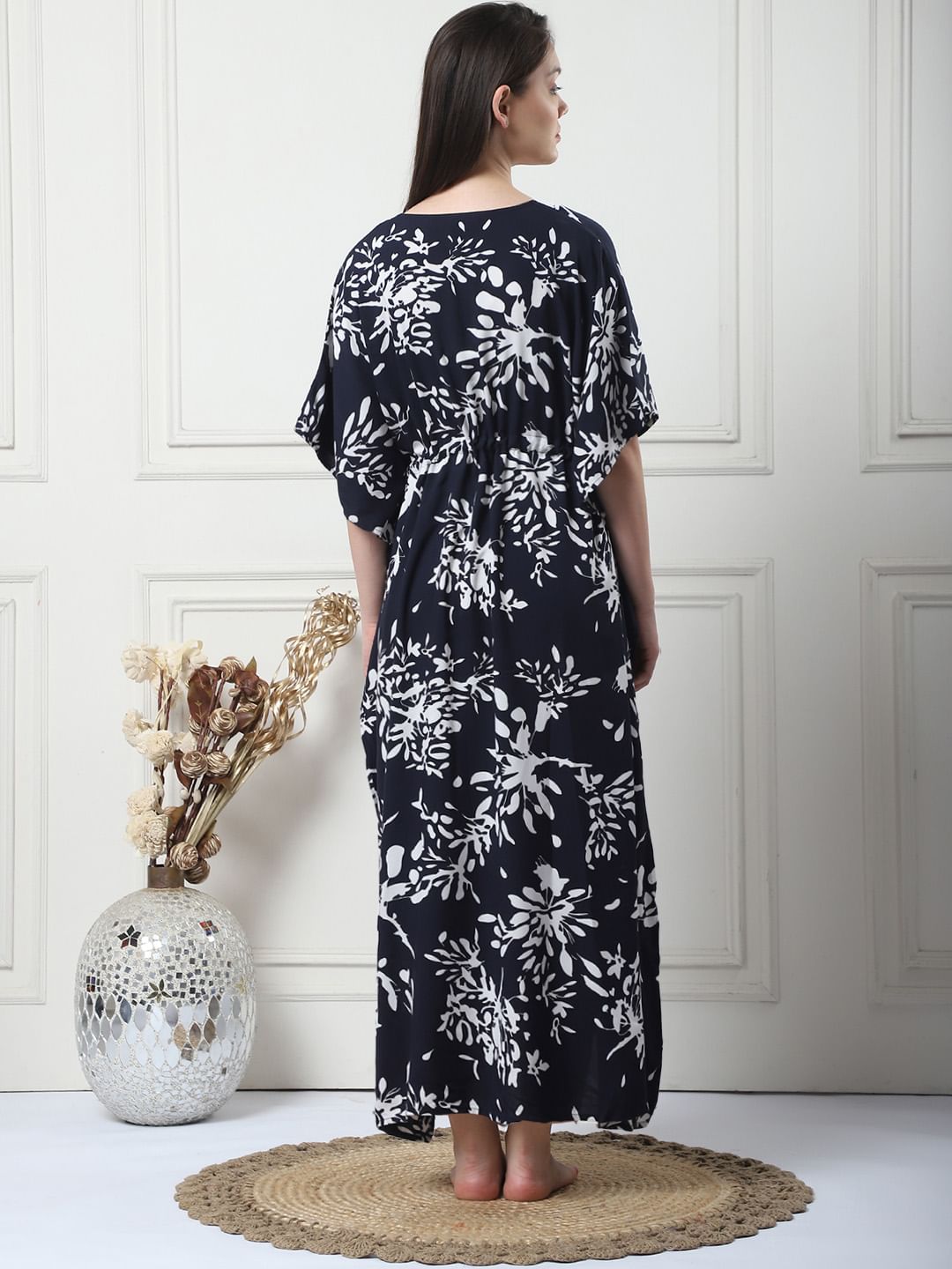 Floral Print Black Rayon Maternity Kaftan