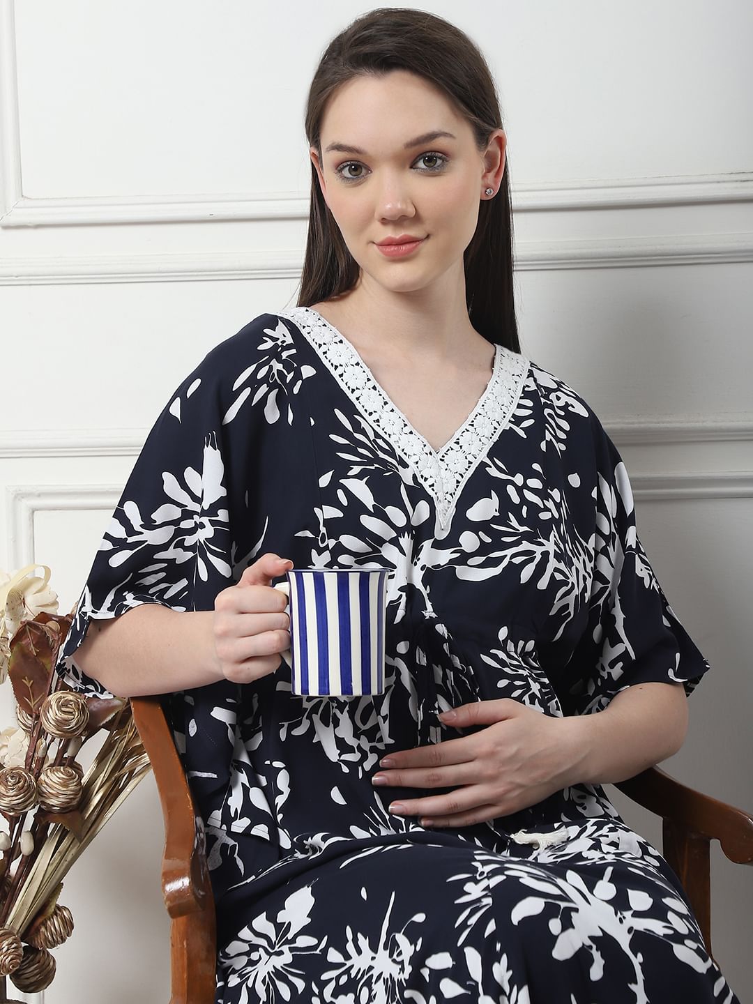 Floral Print Black Rayon Maternity Kaftan