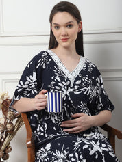 Floral Print Black Rayon Maternity Kaftan