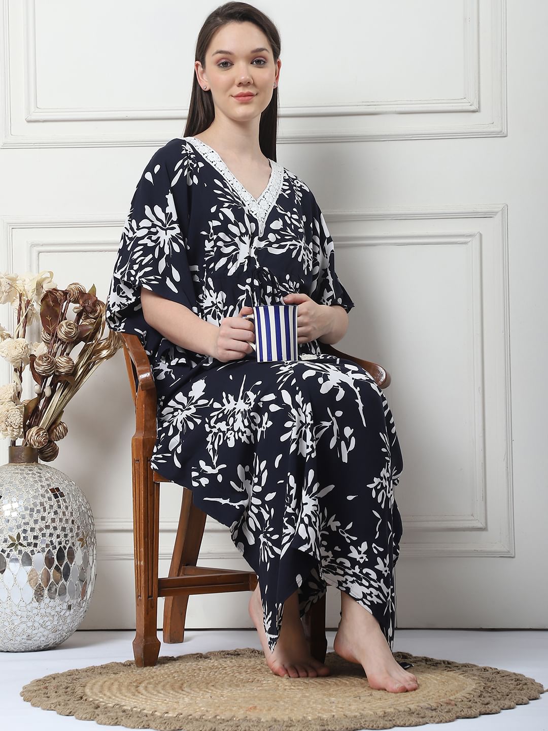 Floral Print Black Rayon Maternity Kaftan