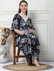 Floral Print Black Rayon Maternity Kaftan
