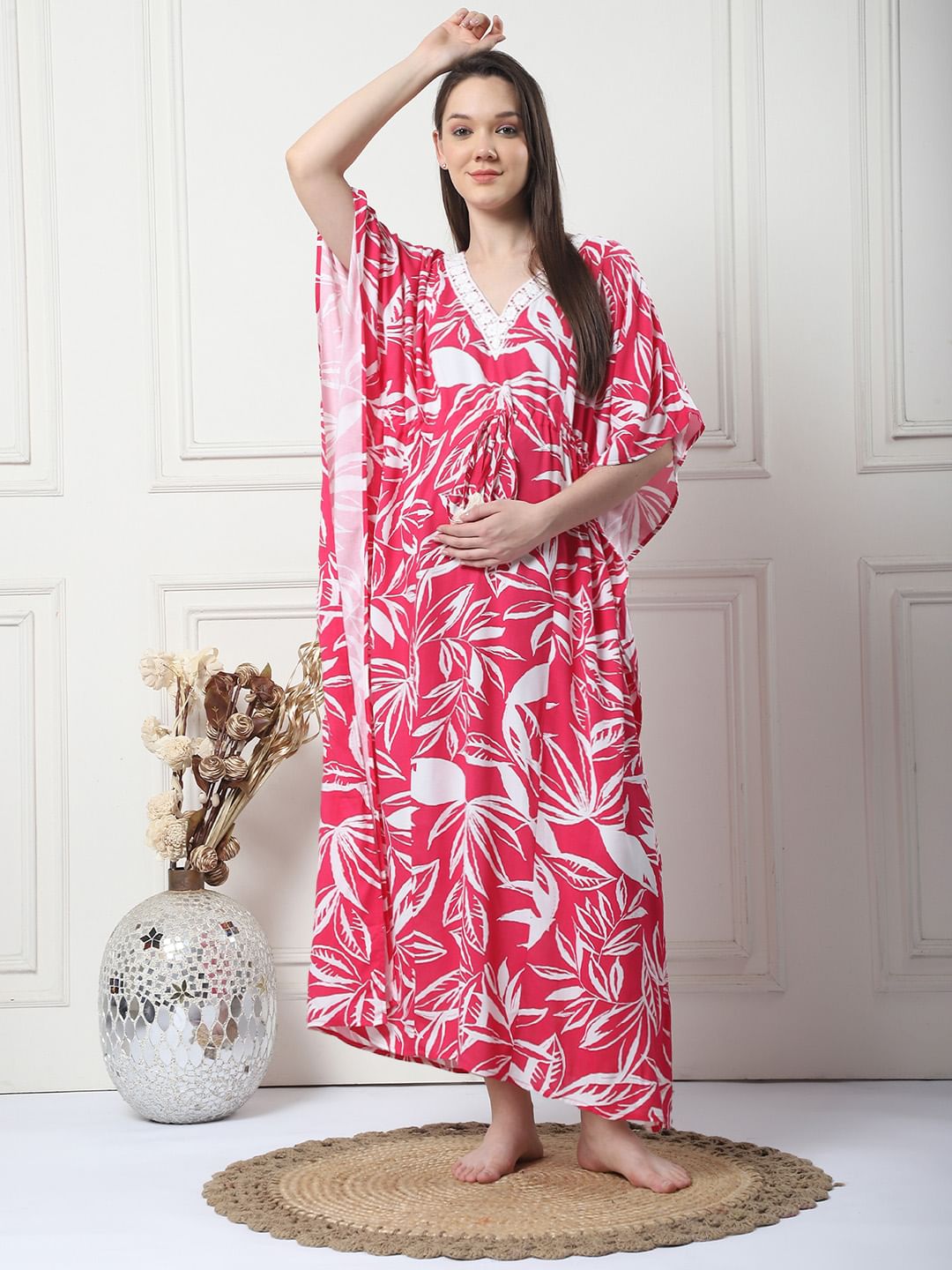 Floral Print Pink Rayon Maternity Kaftan