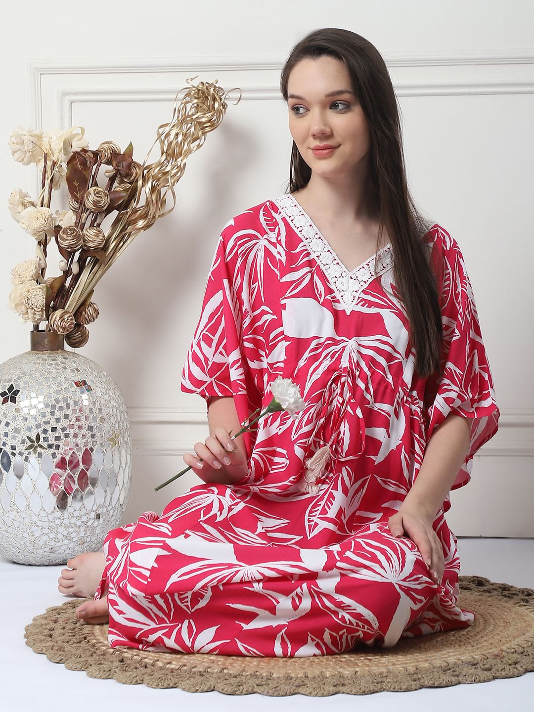 Floral Print Pink Rayon Maternity Kaftan