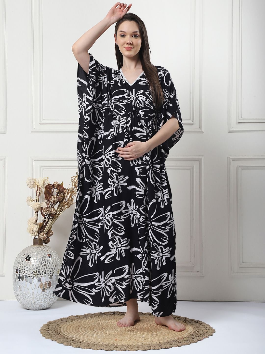 Floral Print Black Rayon Maternity Kaftan