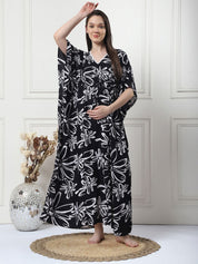 Floral Print Black Rayon Maternity Kaftan