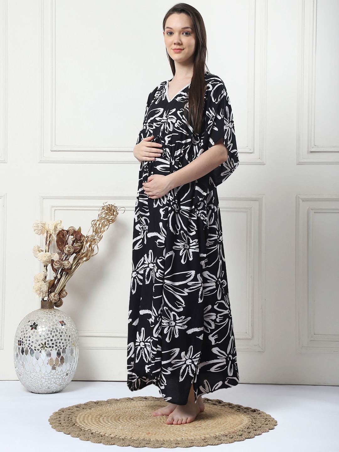 Floral Print Black Rayon Maternity Kaftan