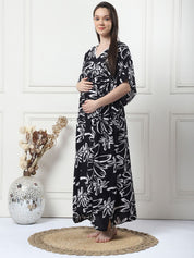 Floral Print Black Rayon Maternity Kaftan