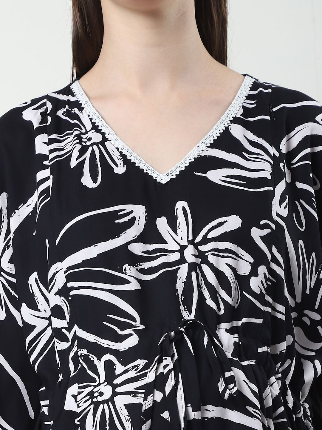 Floral Print Black Rayon Maternity Kaftan