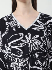 Floral Print Black Rayon Maternity Kaftan