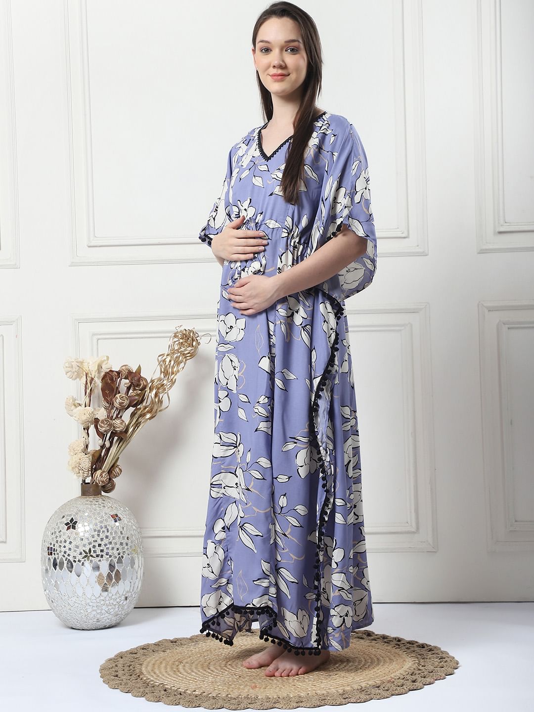 Floral Print Lilac Rayon Maternity Kaftan