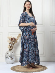 Printed Navy Blue Rayon Maternity Kaftan