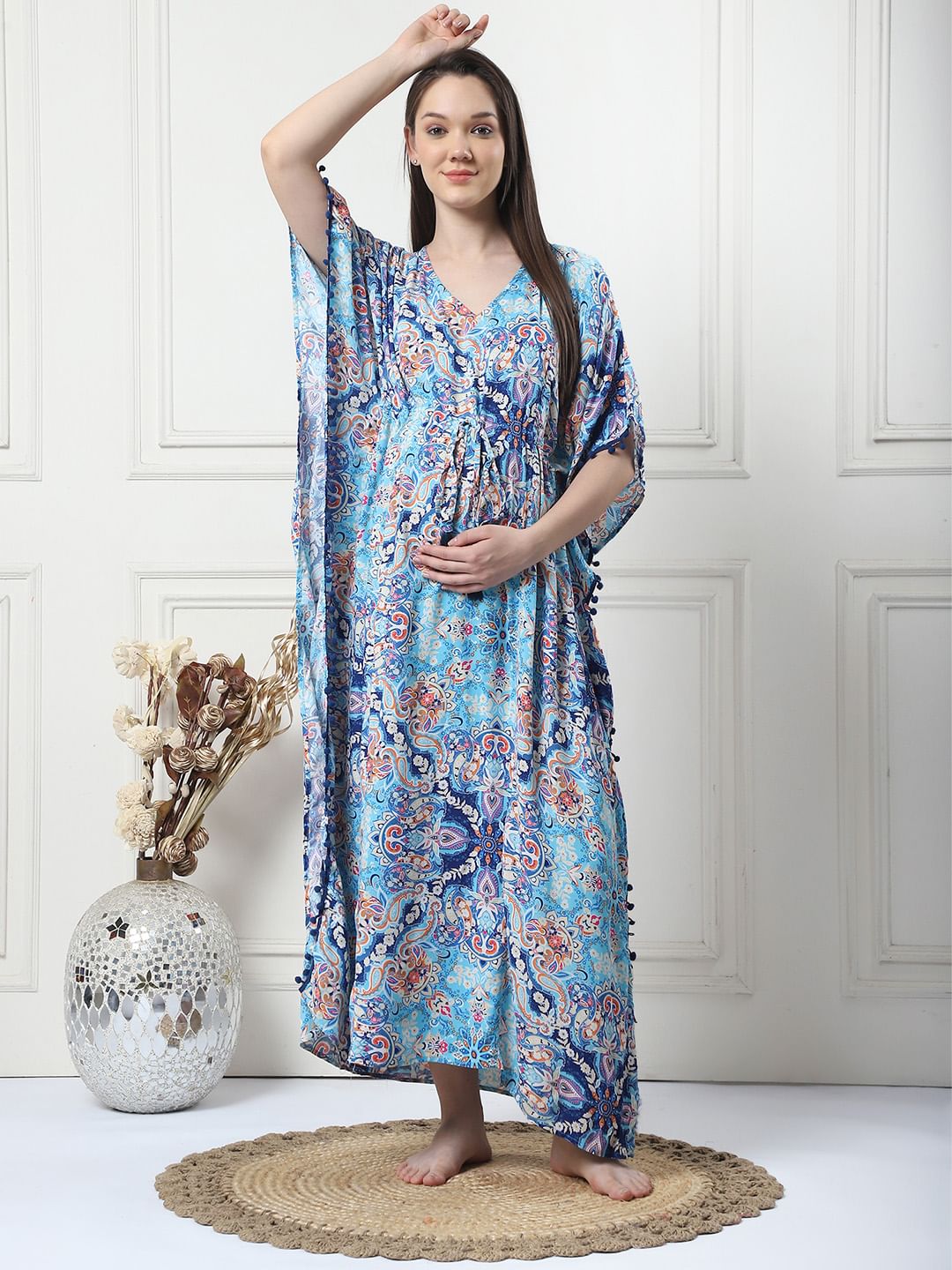 Printed Blue Rayon Maternity Kaftan