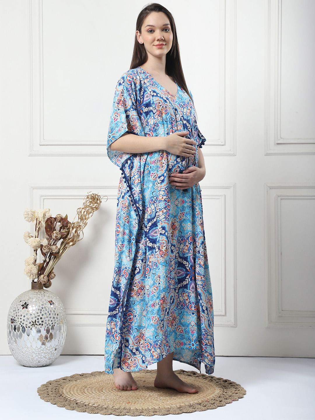 Printed Blue Rayon Maternity Kaftan