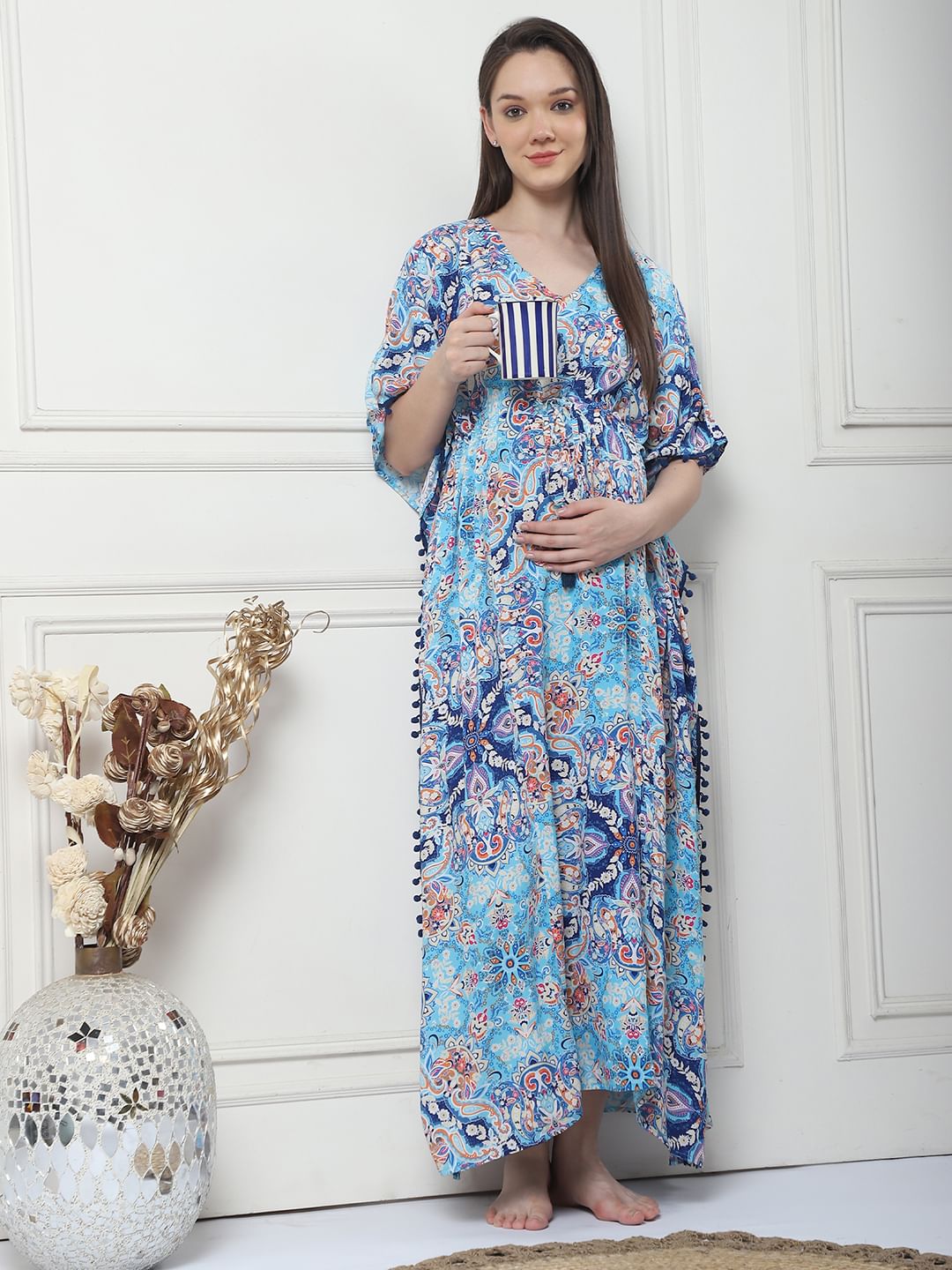 Printed Blue Rayon Maternity Kaftan