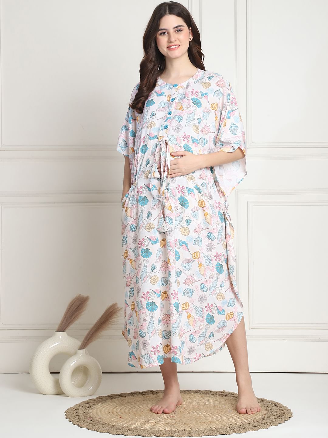 Printed White Rayon Maternity Kaftan full length