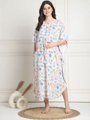 Printed White Rayon Maternity Kaftan full length