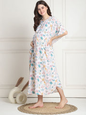 Printed White Rayon Maternity Kaftan full length