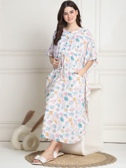 Printed White Rayon Maternity Kaftan full length