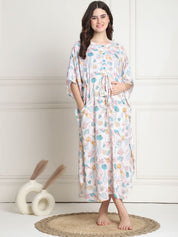 Printed White Rayon Maternity Kaftan full length