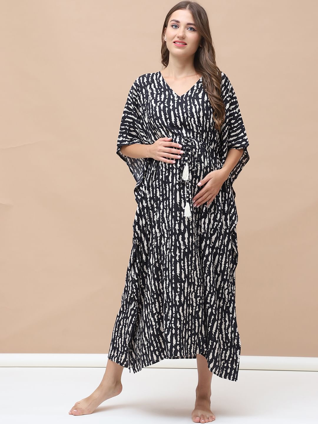 Printed Black Rayon Maternity Kaftan Calf Length
