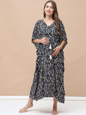 Printed Black Rayon Maternity Kaftan Calf Length