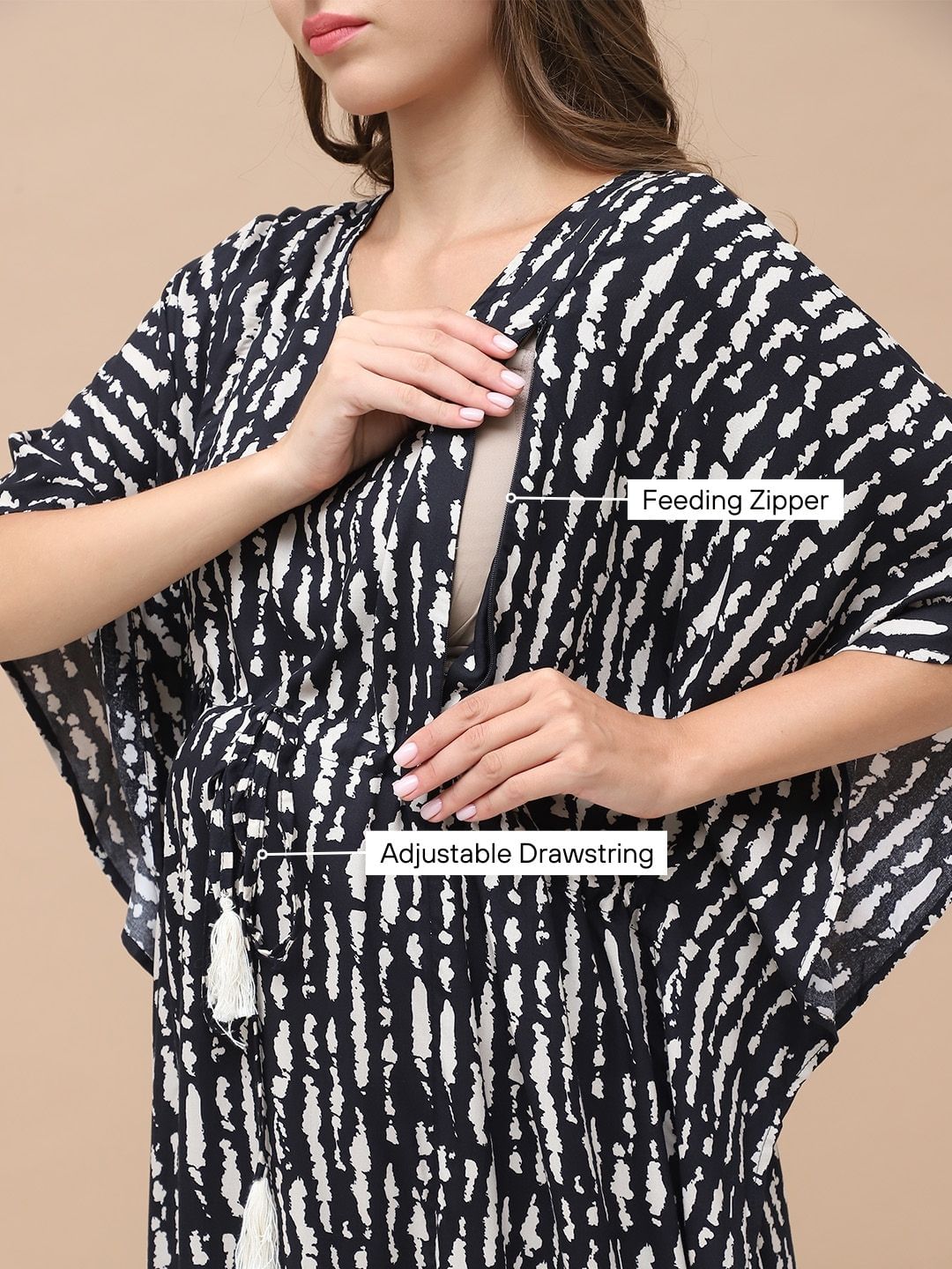 Printed Black Rayon Maternity Kaftan Calf Length