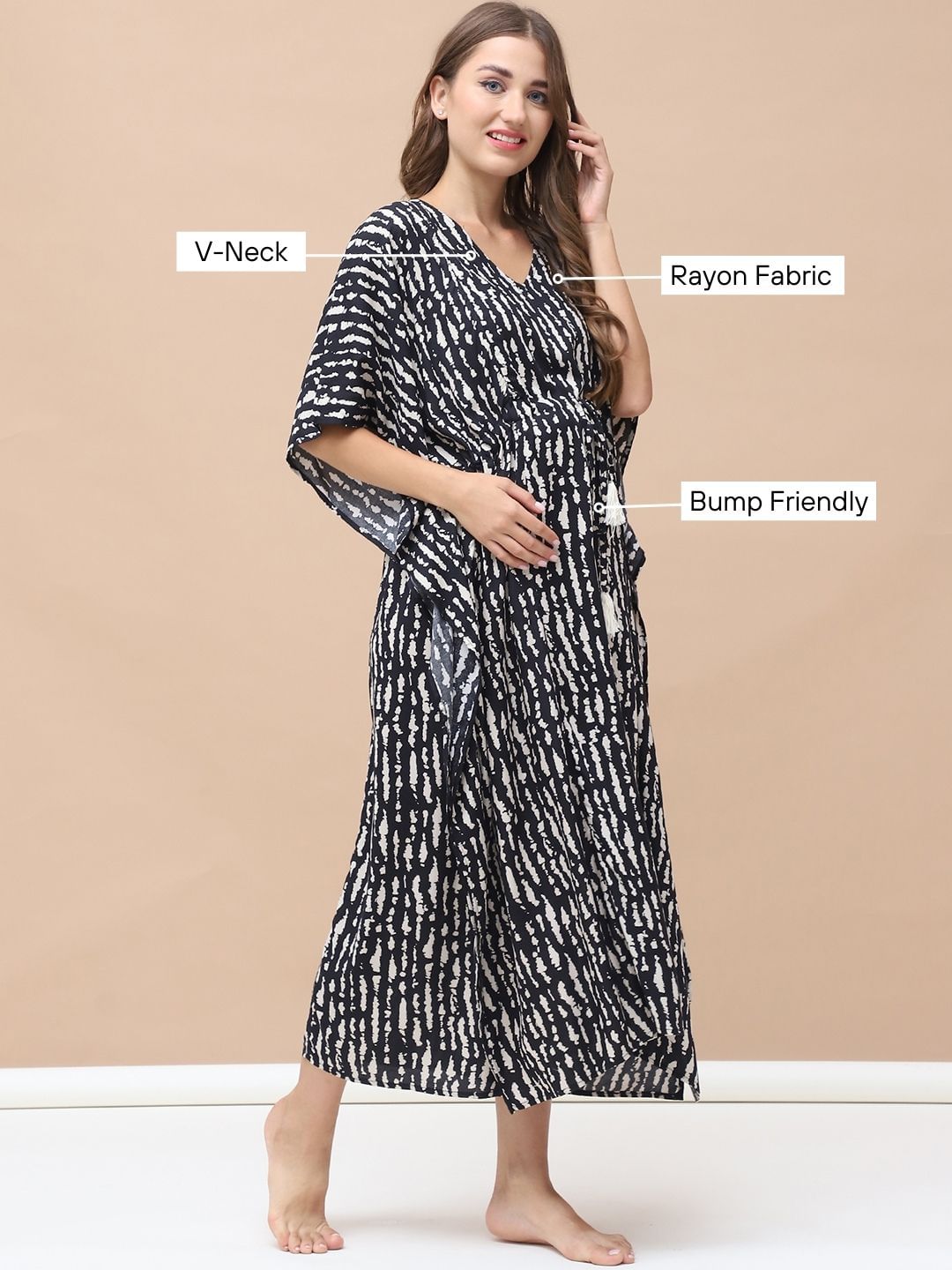 Printed Black Rayon Maternity Kaftan Calf Length