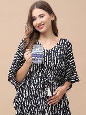 Printed Black Rayon Maternity Kaftan Calf Length
