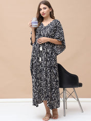 Printed Black Rayon Maternity Kaftan Calf Length