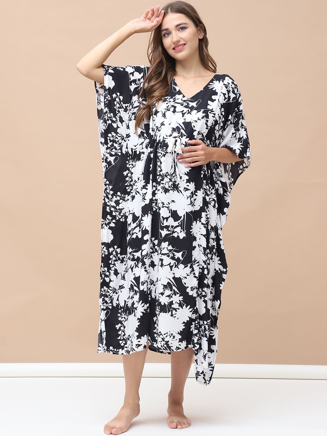 Floral Print Black & White Rayon Maternity Kaftan Calf Length