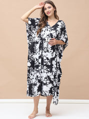 Floral Print Black & White Rayon Maternity Kaftan Calf Length