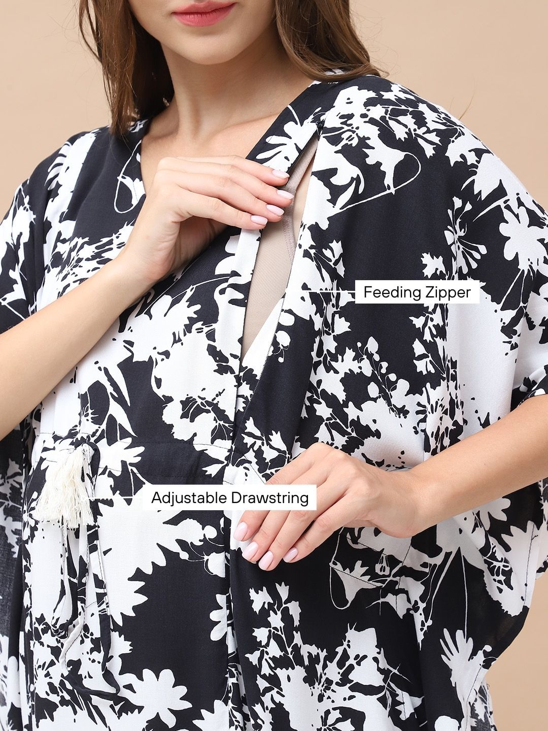 Floral Print Black & White Rayon Maternity Kaftan Calf Length
