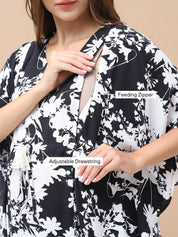 Floral Print Black & White Rayon Maternity Kaftan Calf Length