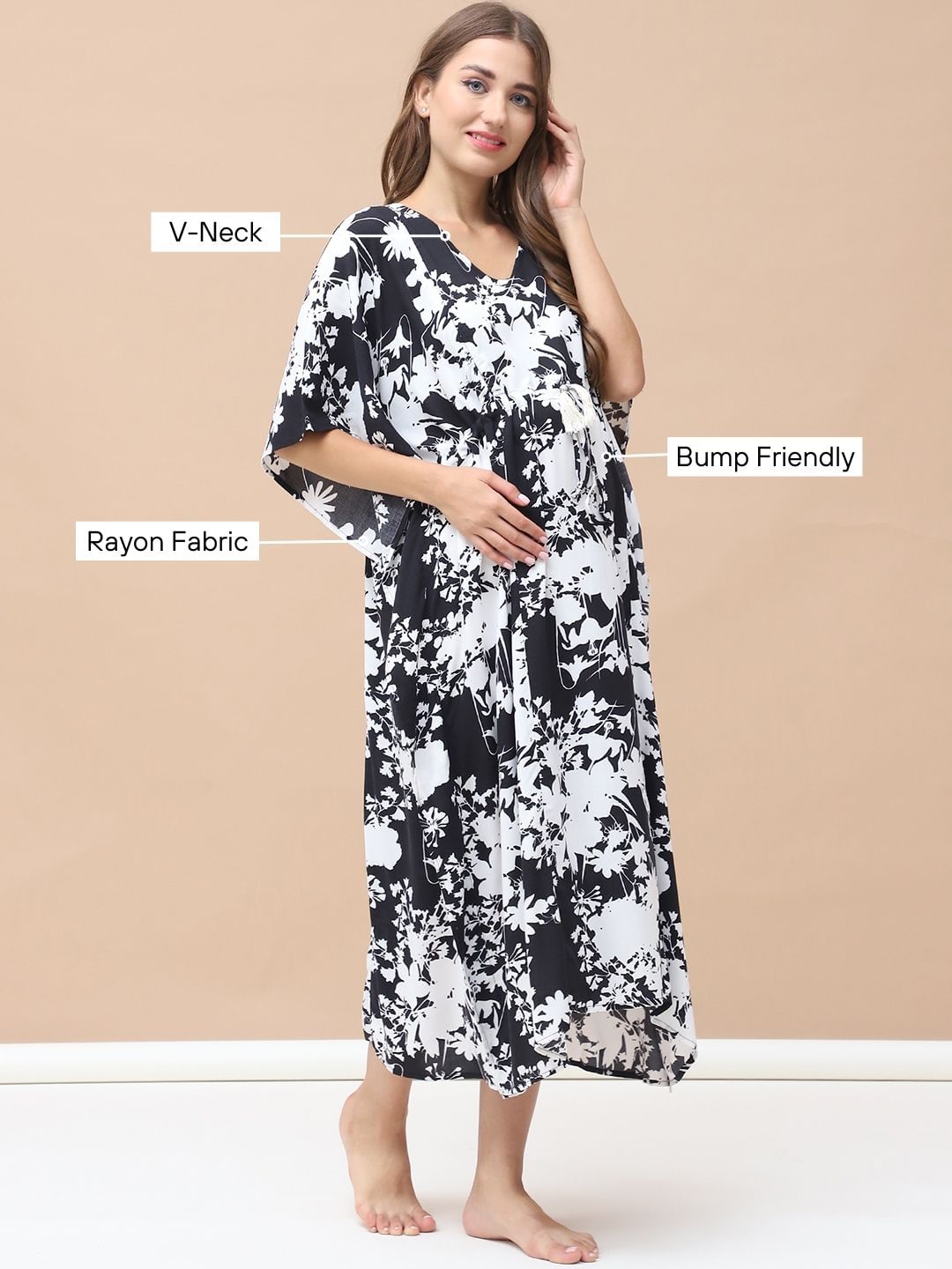 Floral Print Black & White Rayon Maternity Kaftan Calf Length